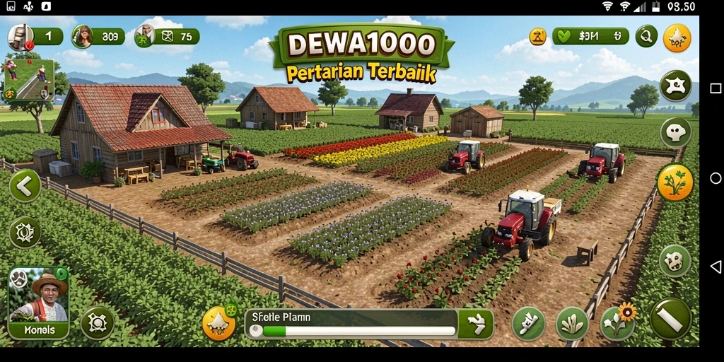 Screenshot DEWA1000 menampilkan aktivitas bertani yang seru dan menyenangkan.