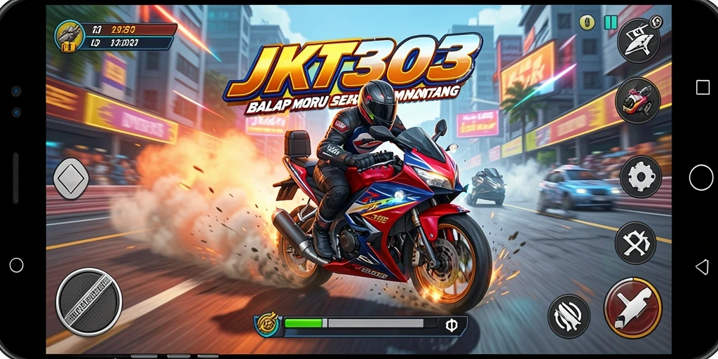 Gameplay seru dalam JKT303 dengan balapan motor yang menegangkan.