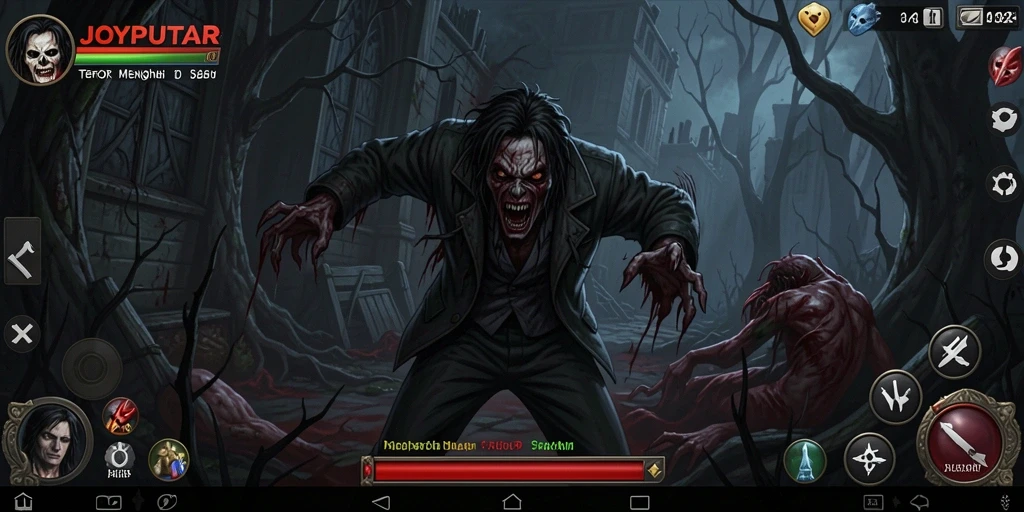 Screenshot gameplay JOYPUTAR menampilkan suasana mencekam dan karakter menyeramkan.