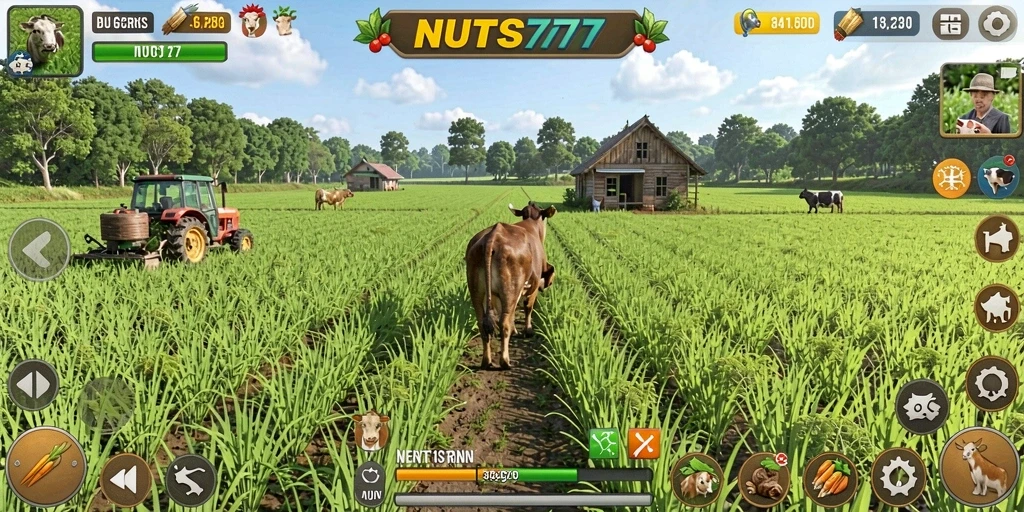 Tampilan menarik dari gameplay bertani di NUTS777.