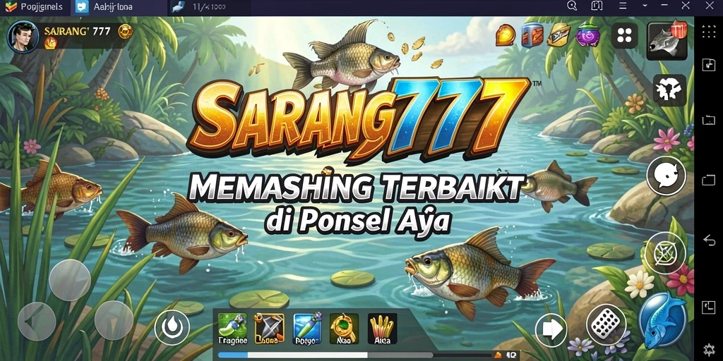 Screenshot utama menunjukkan gameplay menarik dalam SARANG777 dengan berbagai ikan yang bisa ditangkap.
