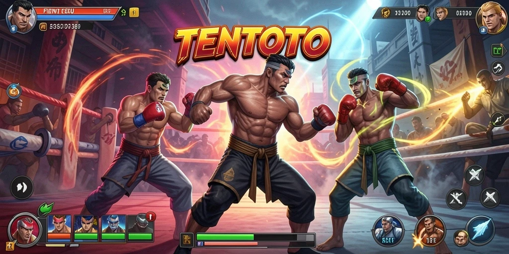Screenshot gameplay TENTOTO yang menampilkan pertarungan epik.