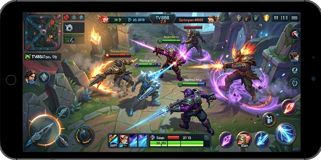 Screenshot gameplay TV888 menampilkan pertarungan seru antara karakter di arena.