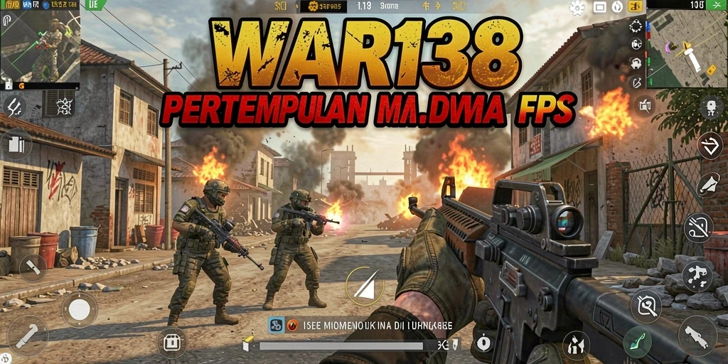 Screenshot gameplay WAR138 menunjukkan aksi pertempuran intens di berbagai medan.